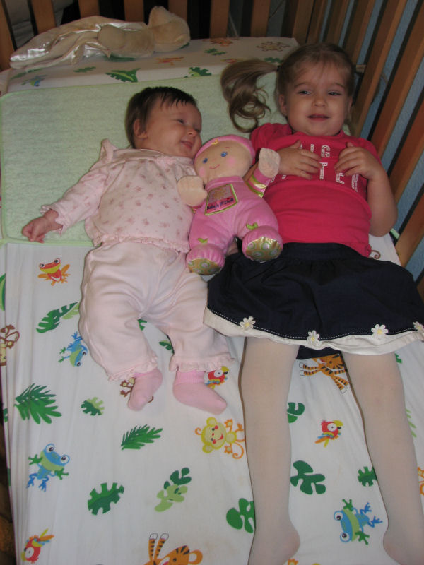 Janette and Jessica in the Crib Together, 1/13/12